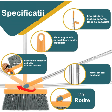Set Matura si Faras cu Coada Detasabila, , cu Dinti de Pieptene pentru Curatare Matura, rotativ, pliabil, Otel inoxidabil si Polipropilena, portocaliu [3]
