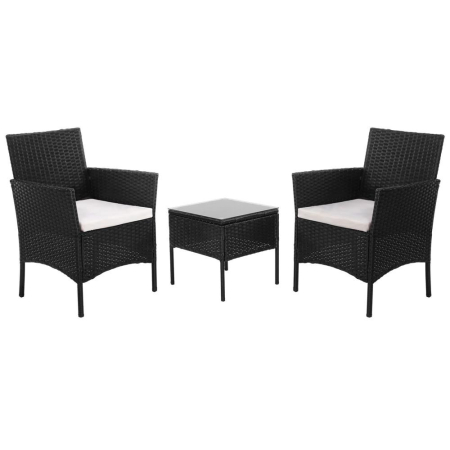 MOBILIER GRADINA - Set mobilier terasa, din tehnorattan, masa cu blat sticla securizata, 2 fotolii cu perne, negru