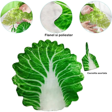 Set patura flanel si caciula , forma frunza de salata, pentru nou-nascuti, material poliester, 85 cm, verde [1]