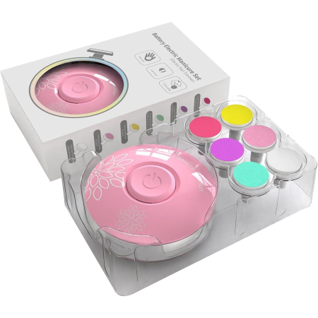 Set Pila Electrica cu Baterie, , pentru Copii si Bebelusi, din ABS, 6 Accesorii, Model cu Flori, 6.5 x 1.8 cm, Roz [1]