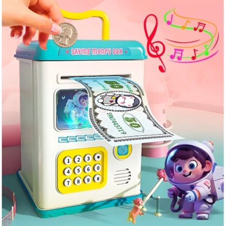 Set Pusculita pentru Copii, , Tip ATM, Parola cu Amprenta, 13.5 x 11.5 x 20 cm, Albastru [2]