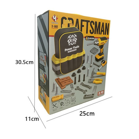 Set Scule de Jucarie pentru Copii, , Ghiozdan cu Bormasina si Accesorii Incluse, 28 Piese, Material Plastic Durabil, Interactiv, +3 Ani, 30.5x25x11 cm, Negru/Portocaliu [1]