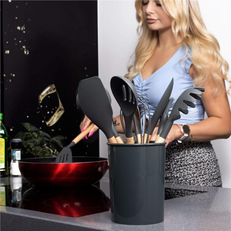 Set Sersimo 12 ustensile de bucatarie din silicon termorezistent si maner din bambus, gri [18]