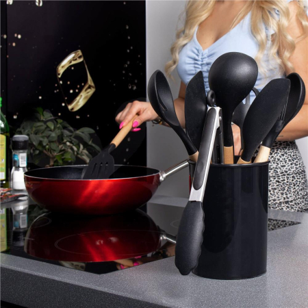 Set Sersimo 12 ustensile de bucatarie din silicon termorezistent si maner din bambus, negru [11]