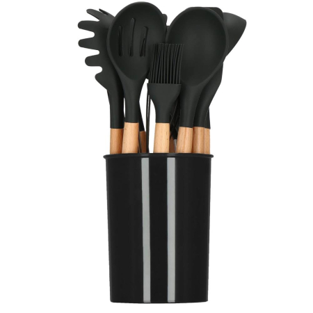 Set Sersimo 12 ustensile de bucatarie din silicon termorezistent si maner din bambus, negru [8]