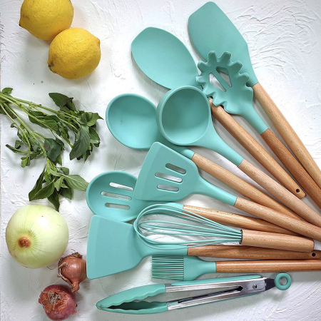 Set Sersimo 12 ustensile de bucatarie din silicon termorezistent si maner din bambus, verde [17]