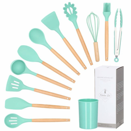 Ustensile de gatit - Set Sersimo 12 ustensile de bucatarie din silicon termorezistent si maner din bambus, verde