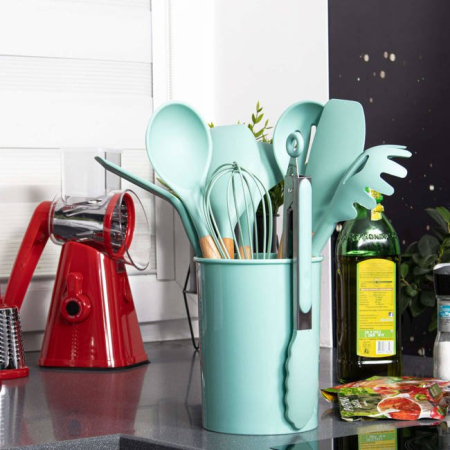 Set Sersimo 12 ustensile de bucatarie din silicon termorezistent si maner din bambus, verde [16]