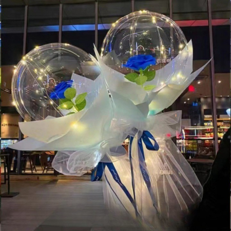 Set Trandafir in Balon LED cu Lumini, , Tip Buchet, Diametru 35 cm, Albastru [3]