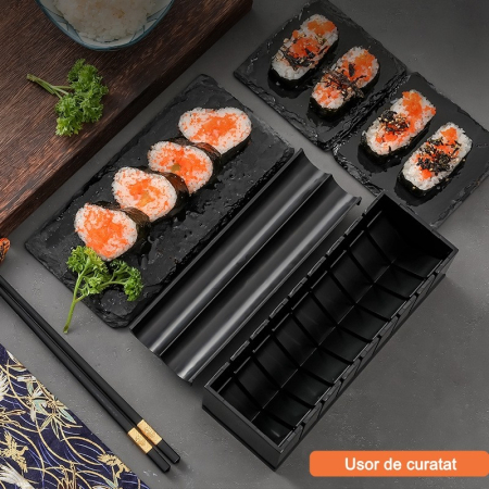Set ustensile pentru facut sushi , 10 piese, forma inima inclus, 3 forme clasice, extensibil, finisaj lucios, material ABS, curatare usoara, negru [2]