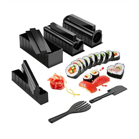 Set ustensile pentru facut sushi , 10 piese, forma inima inclus, 3 forme clasice, extensibil, finisaj lucios, material ABS, curatare usoara, negru [6]