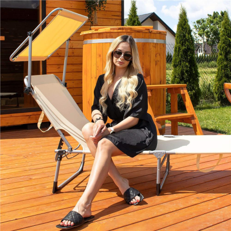 Sezlong pliabil cu parasolar, 188x57x38cm, sarcina 120kg, crem [3]