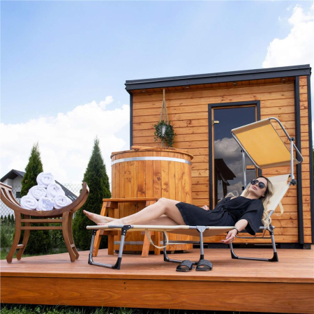 Sezlong pliabil cu parasolar, 188x57x38cm, sarcina 120kg, crem [2]