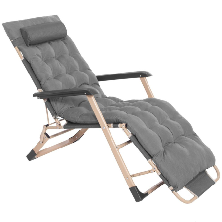 Grădină - Sezlong pliabil cu perna si suport picioare reglabil, 176x66x92 cm, gri