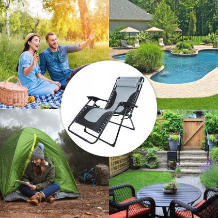 Sezlong scaun pliant plaja sau gradina, Siesta, gravitatie zero, cu tetiera, 175x75x110 cm, negri gri [2]