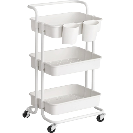 Rafturi modulare mobile - SONGMICS Carucior de depozitare pe roti, pentru bucatarie sau baie, cu 3 nivele, 42x34x86 cm, alb