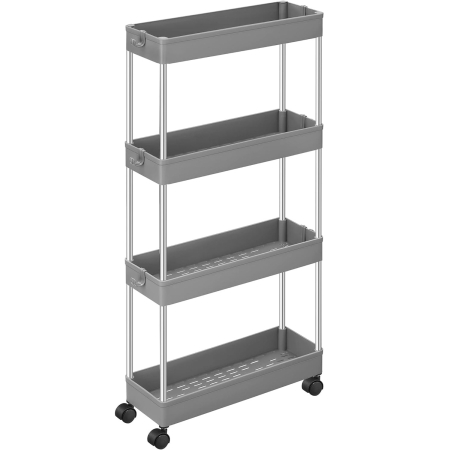 Rafturi modulare mobile - SONGMICS Carucior de depozitare pe roti, pentru bucatarie sau baie, din plastic, cu 4 nivele, 40x13x88cm, gri