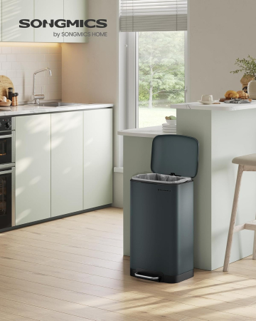 SONGMICS Cos de gunoi 34x25x61 cm, 30L, cu pedala, capac soft-close si galeata detasabila, verde-gri [1]