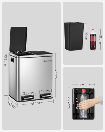 SONGMICS Cos de gunoi din inox cu 2 compartimente colectare selectiva, cu galeti interioare, 2x15litri, argintiu si negru [8]