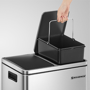 SONGMICS Cos de gunoi din inox cu 2 compartimente colectare selectiva, cu galeti interioare, 2x15litri, argintiu si negru [1]