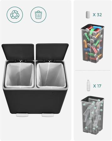 SONGMICS Cos de gunoi din inox cu 2 compartimente colectare selectiva, cu galeti interioare, 2x24 litri, negru [5]