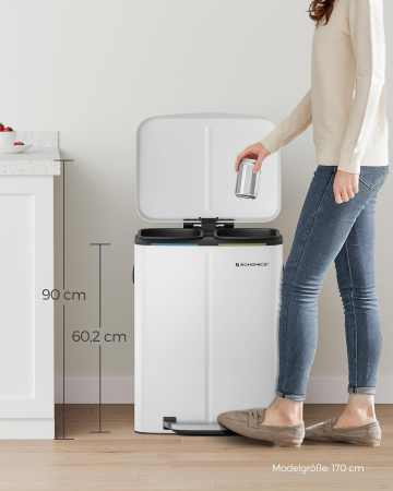 SONGMICS Cos de gunoi din inox cu 2 galeti interioare, colectare selectiva, 2x20 litri, alb [7]