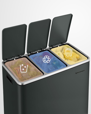 SONGMICS Cos de gunoi din inox cu 3 compartimente colectare selectiva, cu galeti interioare, 3x18litri, gri inchis [2]