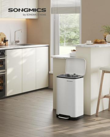 SONGMICS Cos de gunoi din otel cu pedala, 30litri, cu galeata interioara si capac, soft close, 34x61x32cm, alb [1]