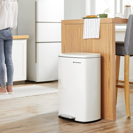 SONGMICS Cos de gunoi din otel cu pedala, galeata interioara plastic, capac inchidere lenta, 50L, 43x32x66cm, alb [1]