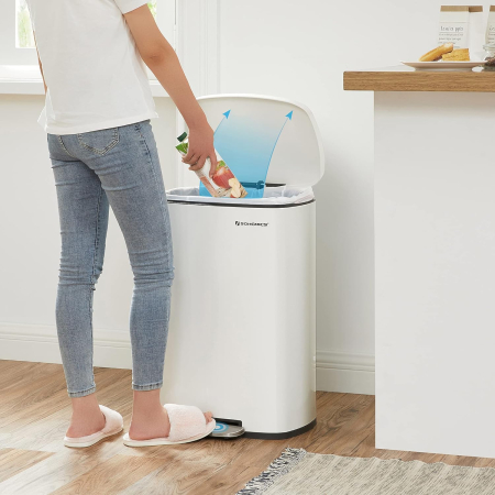 SONGMICS Cos de gunoi din otel cu pedala, galeata interioara plastic, capac inchidere lenta, 50L, 43x32x66cm, alb [6]