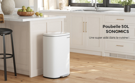 SONGMICS Cos de gunoi din otel cu pedala, galeata interioara plastic, capac inchidere lenta, 50L, 43x32x66cm, alb [8]