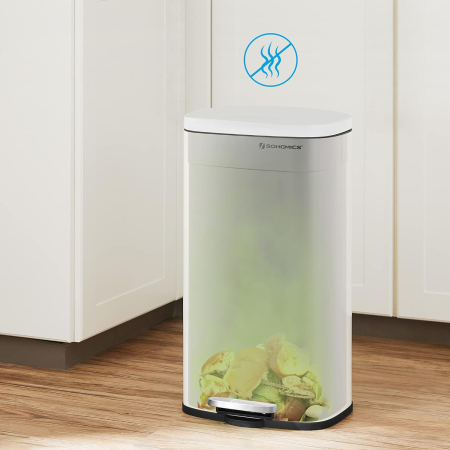 SONGMICS Cos de gunoi din otel cu pedala, galeata interioara plastic, capac inchidere lenta, 50L, 43x32x66cm, alb [5]