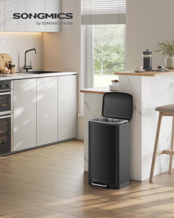 SONGMICS Cos de gunoi din otel, cu pedala si soft-close, galeata interioara, 30 litri, negru [1]