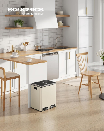 SONGMICS Cos de gunoi dublu 41x32x47 cm, 2x15L, pedale separate, capac soft-close si galeata detasabila, bej si negru [6]