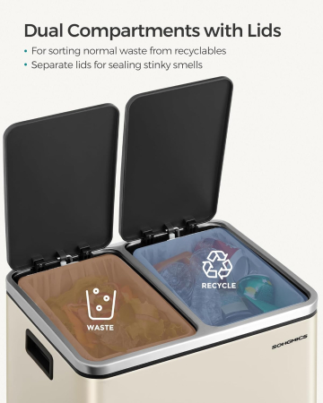 SONGMICS Cos de gunoi dublu 41x32x47 cm, 2x15L, pedale separate, capac soft-close si galeata detasabila, bej si negru [4]