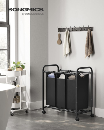 SONGMICS Cos de rufe cu 3 saci detasabili, structura metalica pe roti, 3x44L, 77x41x82cm, negru [1]