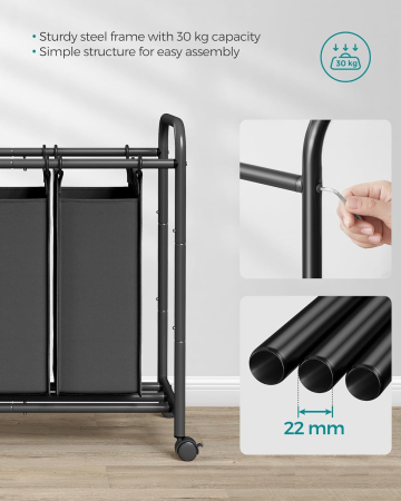 SONGMICS Cos de rufe cu 3 saci detasabili, structura metalica pe roti, 3x44L, 77x41x82cm, negru [7]