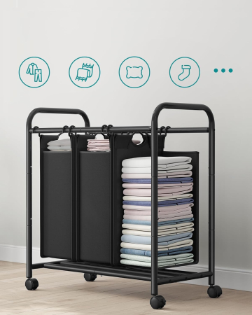 SONGMICS Cos de rufe cu 3 saci detasabili, structura metalica pe roti, 3x44L, 77x41x82cm, negru [2]