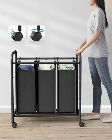 SONGMICS Cos de rufe cu 3 saci detasabili, structura metalica pe roti, 3x44L, 77x41x82cm, negru [4]