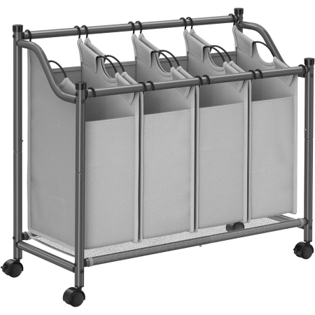 Cosuri de rufe - SONGMICS Cos de rufe cu 4 saci detasabili, structura metalica pe roti, 4x35L, 87x38x81cm, gri