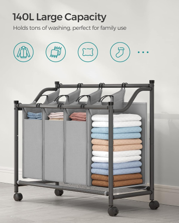 SONGMICS Cos de rufe cu 4 saci detasabili, structura metalica pe roti, 4x35L, 87x38x81cm, gri [5]