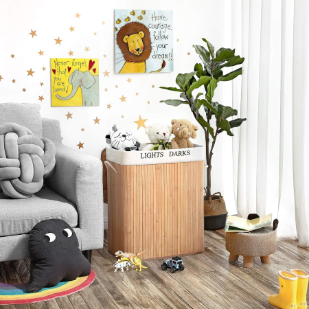 SONGMICS Cos de rufe din bambus cu capac, 2 compartimente, sac detasabil, volum 100L, 52x32x62cm, maro [2]