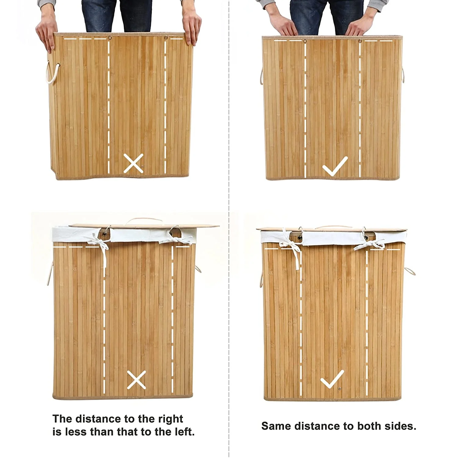 SONGMICS Cos de rufe din bambus cu capac, 2 compartimente, sac detasabil, volum 100L, 52x32x62cm, maro [7]