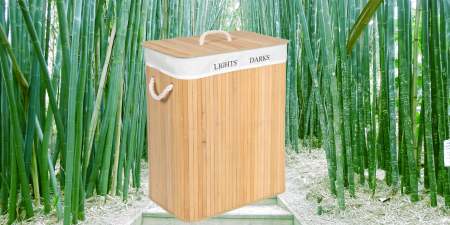 SONGMICS Cos de rufe din bambus cu capac, 2 compartimente, sac detasabil, volum 100L, 52x32x62cm, maro [10]