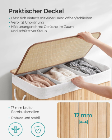 SONGMICS Cos de rufe din bambus, pliabil, cu captuseala detasabila lavabila, 3 compartimente, 150L, 60x40x60cm, natural [3]