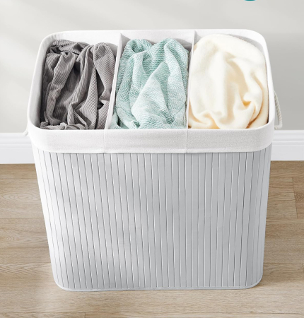 SONGMICS Cos de rufe din bambus, pliabil, cu captuseala detasabila lavabila, 3 compartimente, 150L, 60x40x62cm, gri [3]