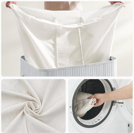 SONGMICS Cos de rufe din bambus, pliabil, cu captuseala detasabila lavabila, 3 compartimente, 150L, 60x40x62cm, gri [5]
