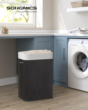SONGMICS Cos de rufe din bambus, pliabil, cu captuseala detasabila lavabila, 72L, 40x30x60cm, negru [1]