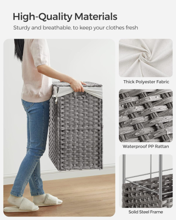 SONGMICS Cos de rufe tesut manual, cu captuseala detasabila lavabila, 3 compartimente, stil ratan, 140 litri, 66x33x60 cm, gri [7]