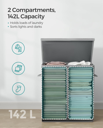 SONGMICS Cos de rufe textil, pliabil, 2 compartimente, saci detasabili, 142L, 60x36x66cm, gri [2]